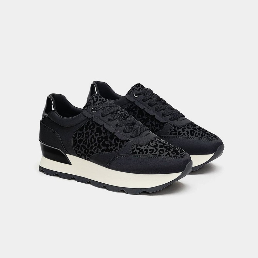 NWOT Zara black velvet-like animal print platform sneakers, 42